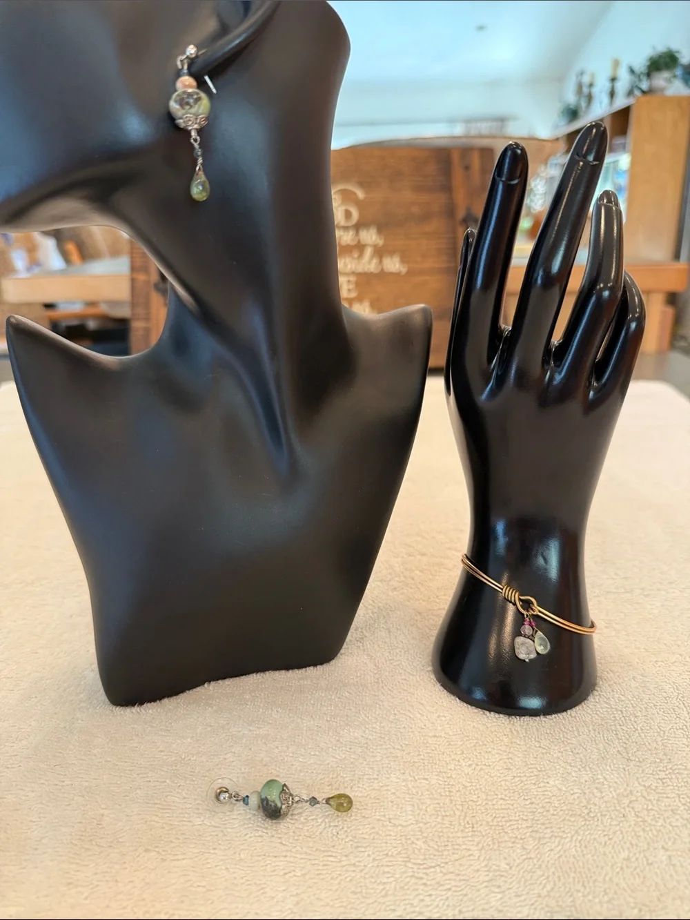 Handcrafted Brass Bracelet w/Green Crystal Stones & Semi-Precious Stone Earrings